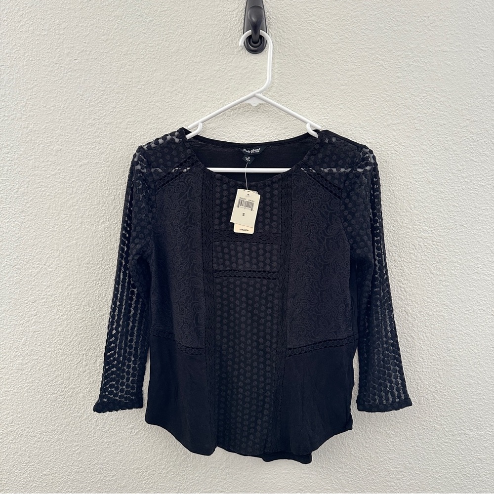 Lucky Brand NWT Black Lace Dot Sheer‎ Top Blouse S Bohemian Peasant Cottagecore